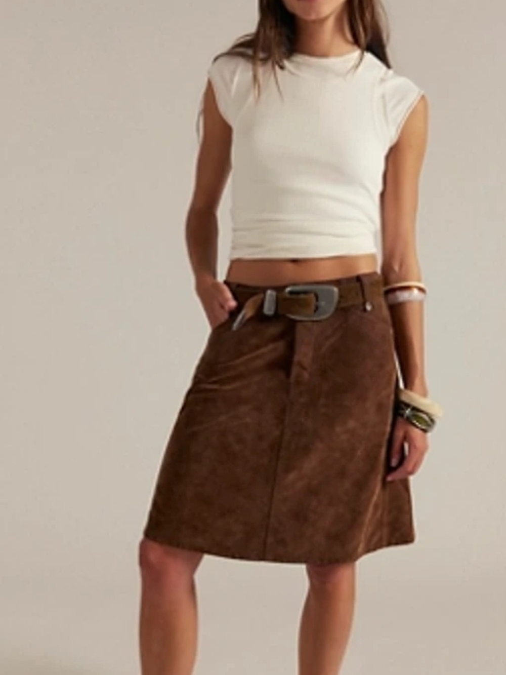 NWT Free People Chocolate Brown Suede  Mid Rise A Line Pencil Skirt 25 Cute!